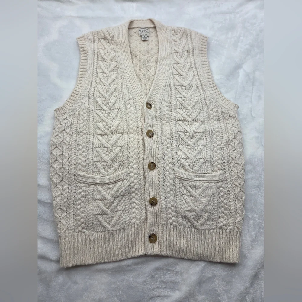 J.Crew Rugged‎ Merino Cable Knit Vest Cream Wool Blend Size M